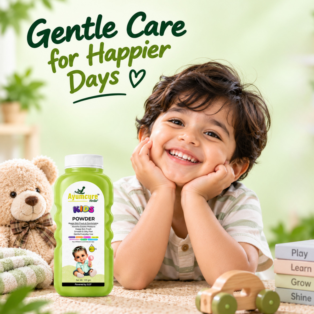 Ayumcure Herbs Kids Powder | Keeps Skin Fresh & Comfortable | Ayurvedic with Rice Starch, Neem & Vetiver | Absorbs Excess Moisture | 100gm
