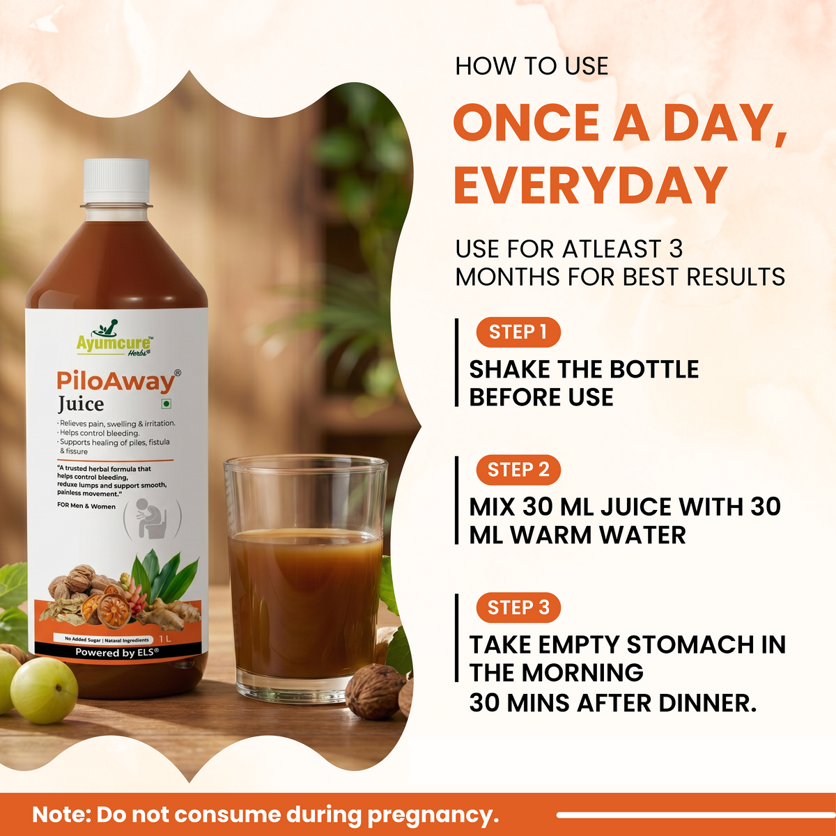 PiloAway Ayurvedic Piles Care Juice, Bleeding, Pain & Swelling Relief, Men & Women