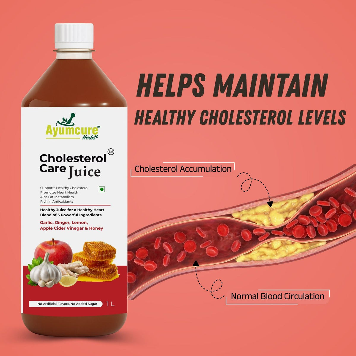 Cholesterol Care Ayurvedic Juice | Garlic, Ginger, ACV & Honey | Men & Women
