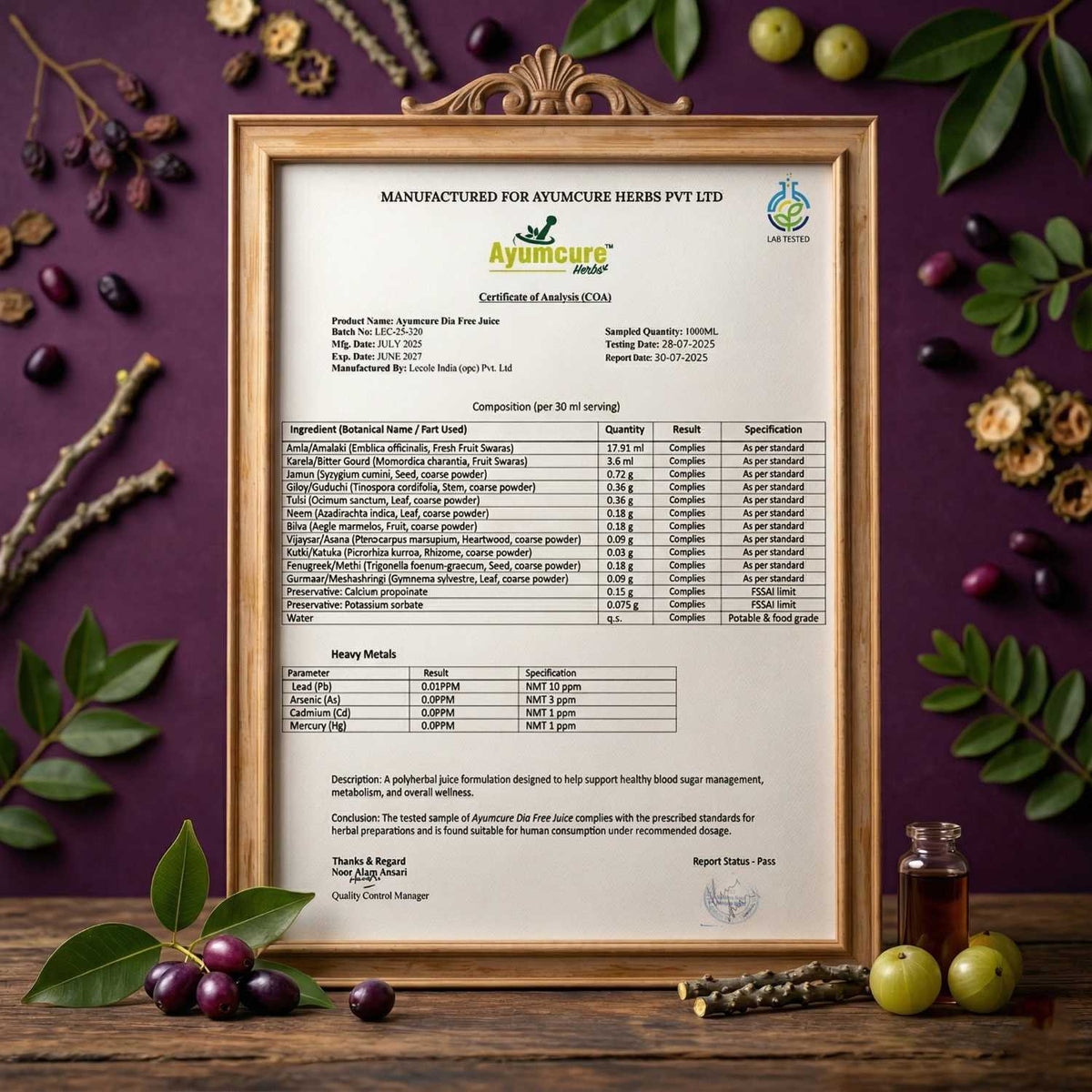 Dia Free Ayurvedic Juice | Amla, Karela, Jamun & Tulsi | Men & Women