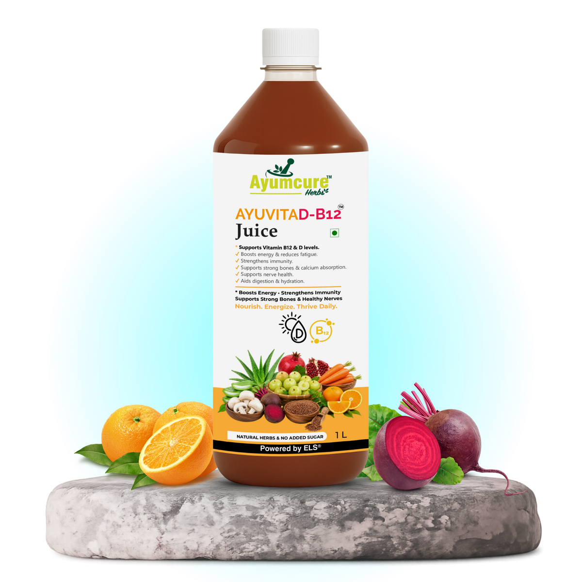 AYUVITAD-B12 Juice – Vitamin D3 & B12 Support | No Added Sugar | 1 Litre