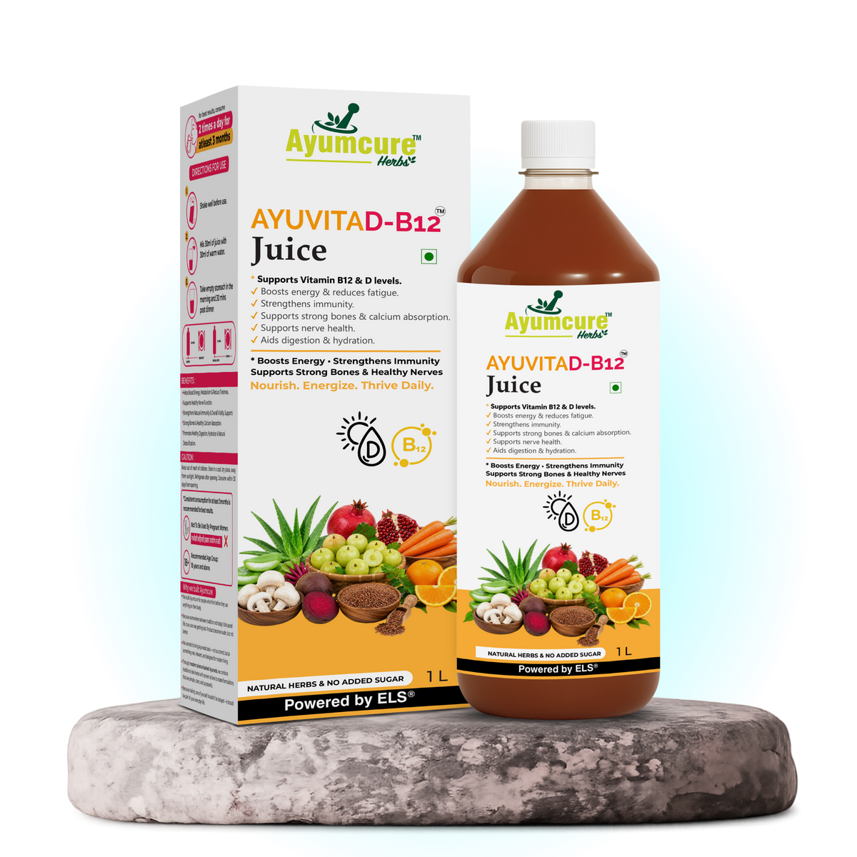 AYUVITAD-B12 Juice – Vitamin D3 & B12 Support | No Added Sugar | 1 Litre