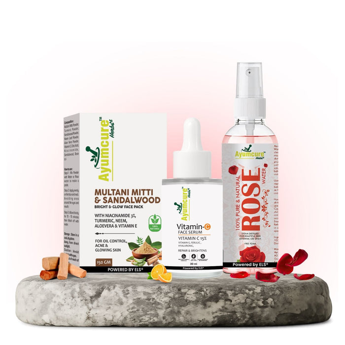 Instant Glow Combo: Multani Mitti + Rose Water + Vitamin C Serum | Men & Women