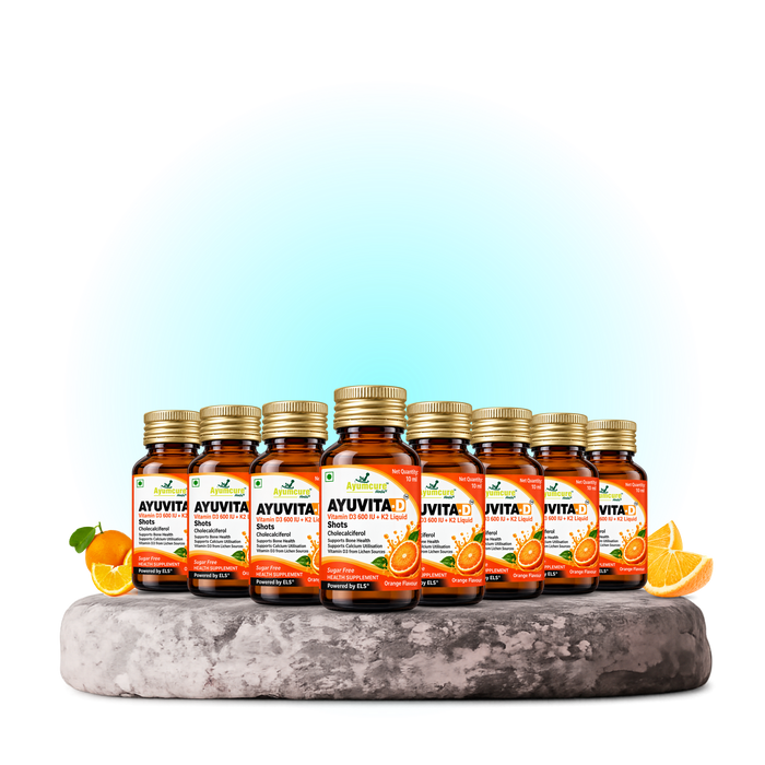 Ayumcure Ayuvita-D Vitamin D3 600 IU + K2 Liquid Shots | Sugar Free | Orange Flavour | 10ml × 8 Shots