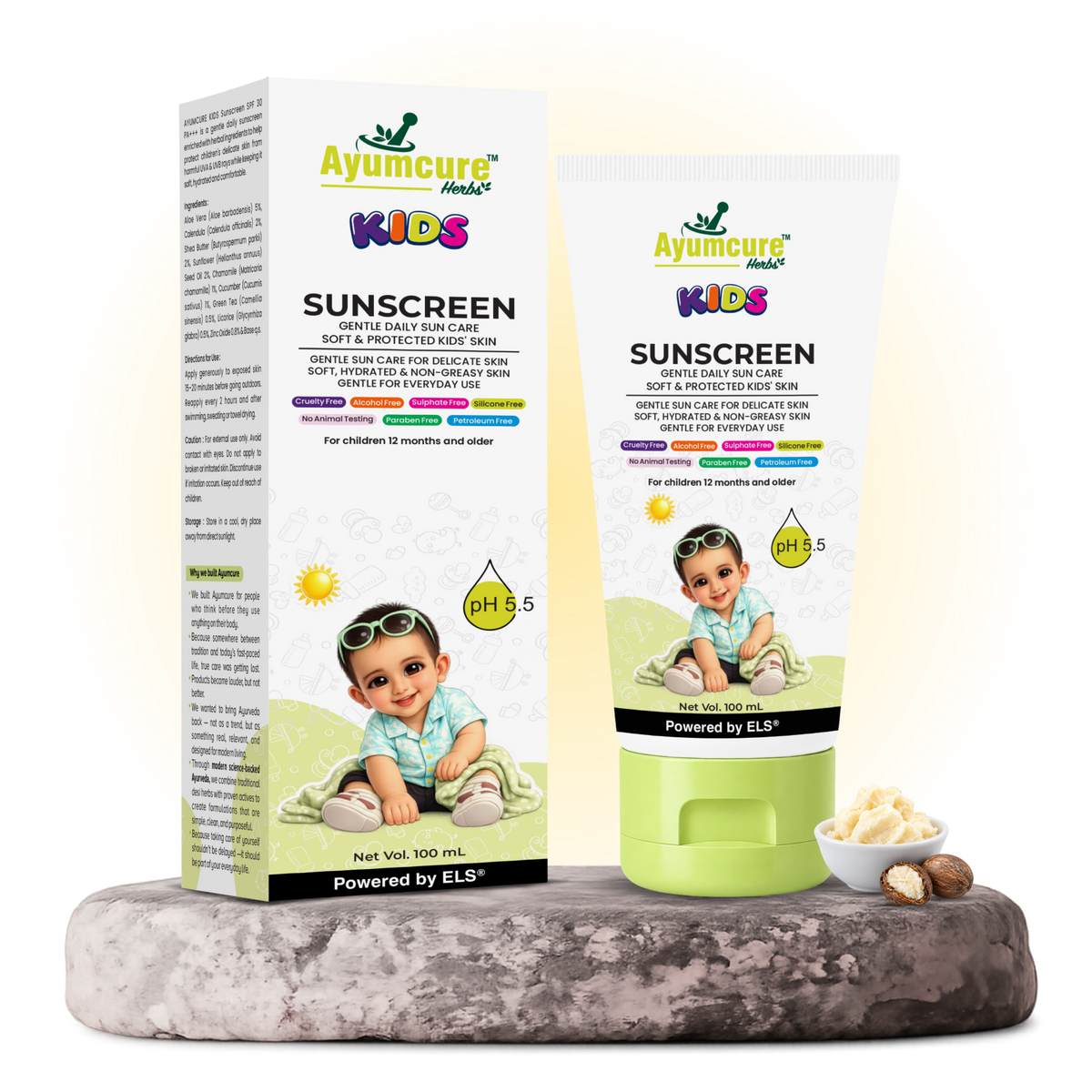 Ayumcure Herbs Kids Sunscreen SPF 30 PA+++ with Aloe Vera, Calendula & Shea Butter, 100ml