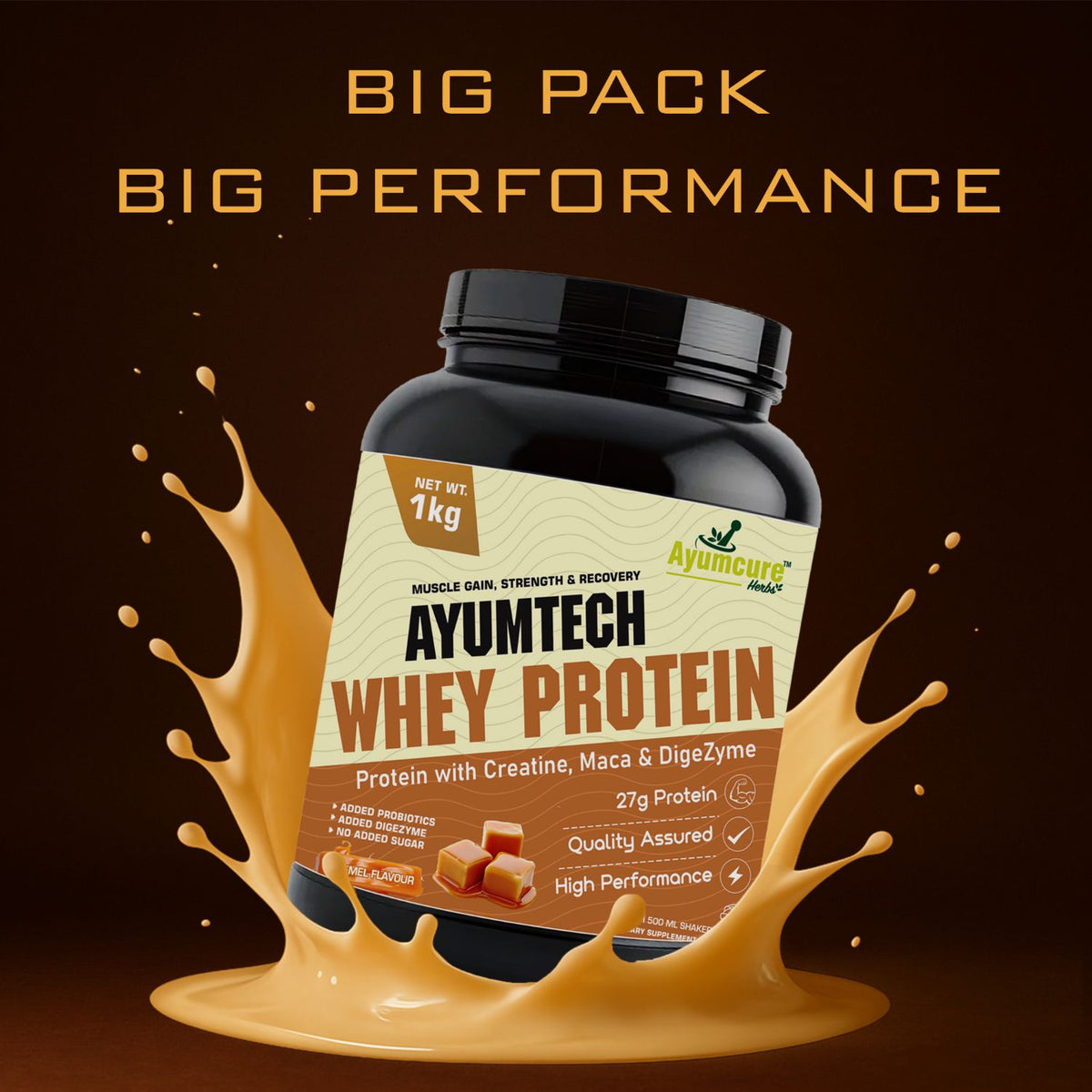 Whey Protein – 27g Protein + Creatine & Maca | Caramel | Muscle Gain | With Shaker