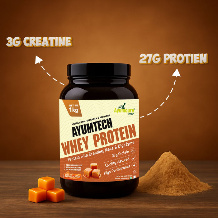 Whey Protein | 27g Protein + Creatine & Maca | Caramel | Muscle Gain | With Shaker