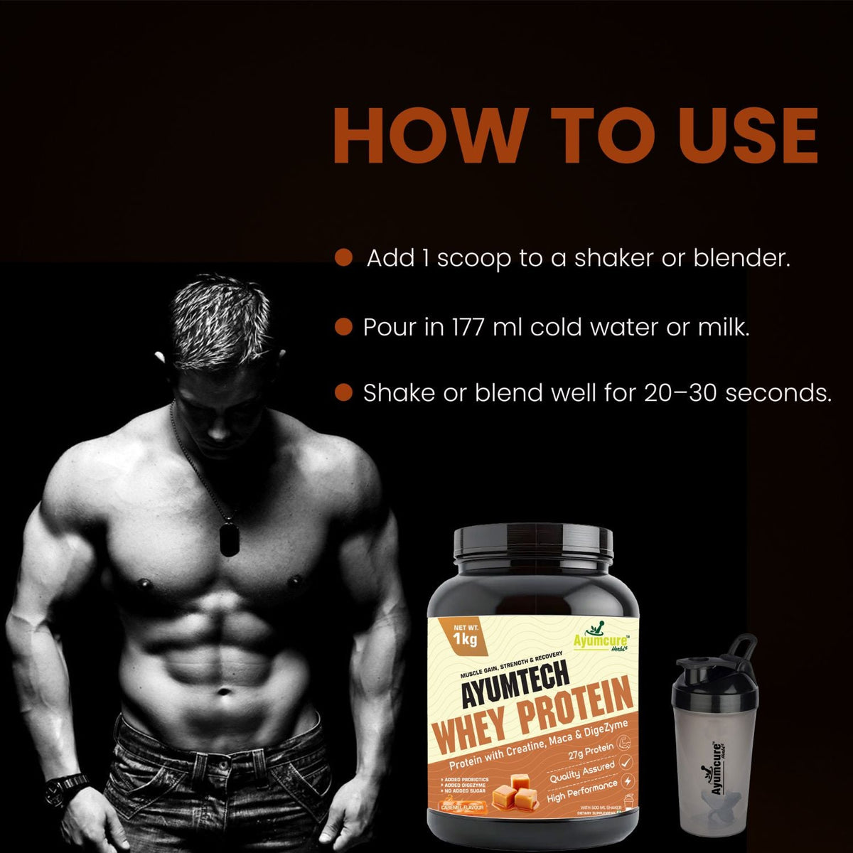 Whey Protein – 27g Protein + Creatine & Maca | Caramel | Muscle Gain | With Shaker