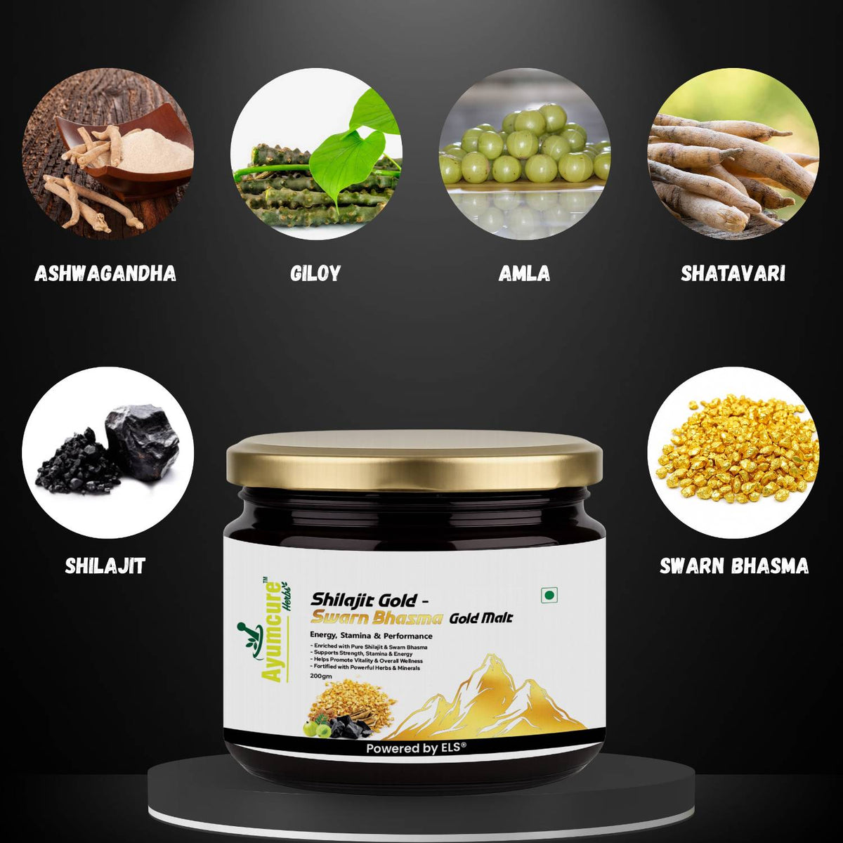 Shilajit Gold Malt – Shilajit, Ashwagandha & Safed Musli + 25 Herbs | Men & Women