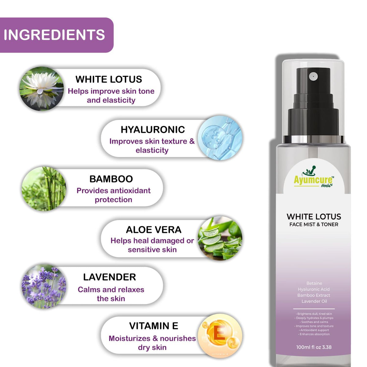 White Lotus Hyaluronic Face Mist & Toner – Bamboo Extract & Lavender | Hydrates Skin | Unisex