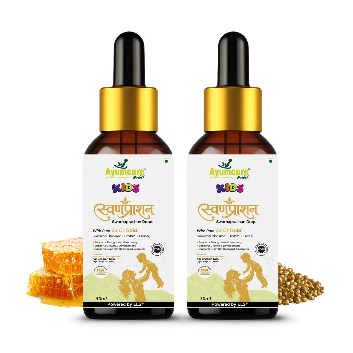 Kids Swarnaprashan Drops – 24Ct Gold, Brahmi & Shankhpushpi for Immunity & Brain Support | Children 1-12 Years