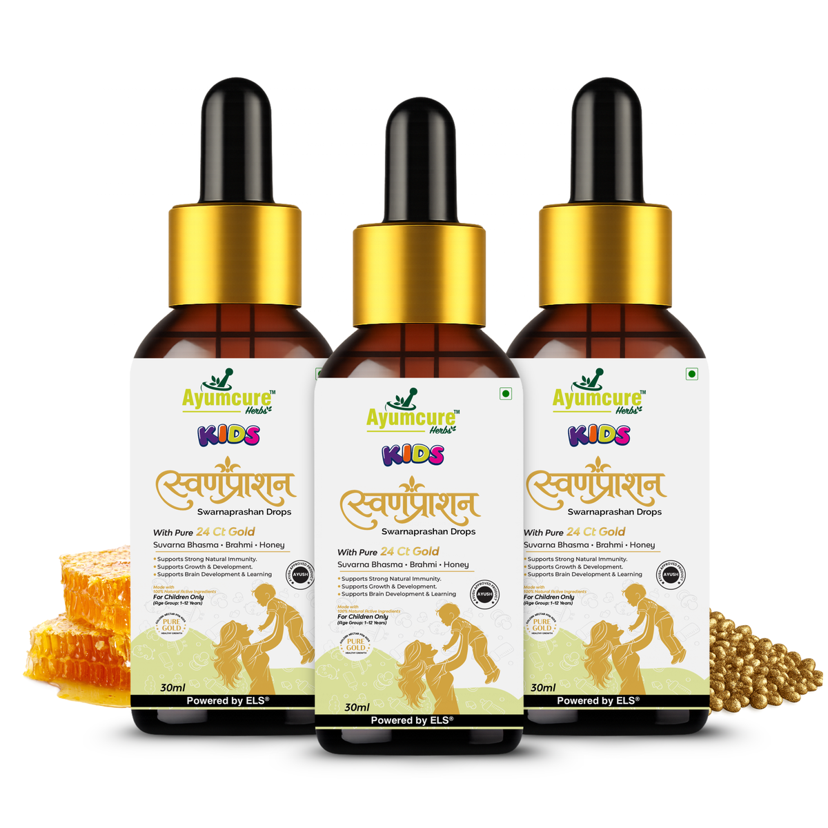 Kids Swarnaprashan Drops – 24Ct Gold, Brahmi & Shankhpushpi for Immunity & Brain Support | Children 1-12 Years
